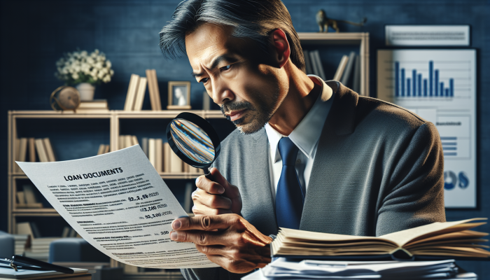 Debt Consolidation Loans: Common Mistakes Beginners Make | DCL Person using magnifying glass to compare loan documents, focusing on terms and rates in a study.