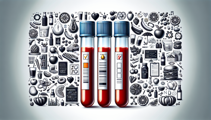 A medical illustration showing blood test vials for vitamins, with diverse dietary images in the background.