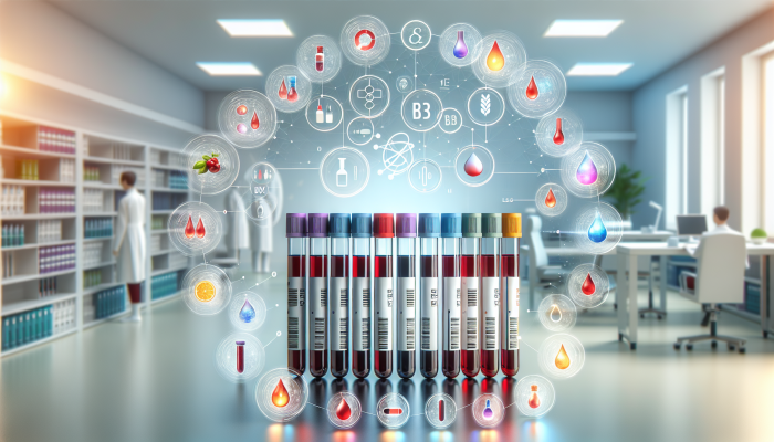 Illustration of blood test vials for vitamin deficiencies with charts and graphs in a clinical lab.