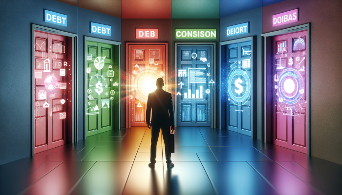 How to Tell if Debt Consolidation is Right for You: UK Guide | DCL A person choosing from colorful doors labeled with debt consolidation options in a bright hallway.