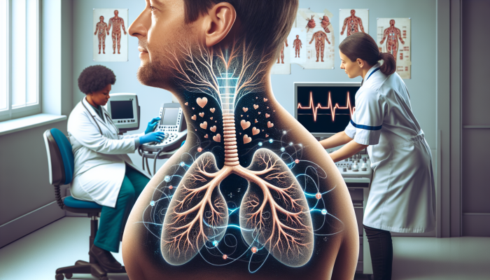 Individual in Buckley undergoing thyroid ultrasound, NHS logos and family history chart in background, promoting the importance of regular check-ups.
