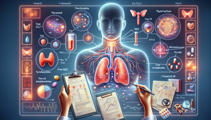 Illustration depicting thyroid function analysis with markers TSH, free T4, free T3, and antibodies in a clinical setting in Buckley.