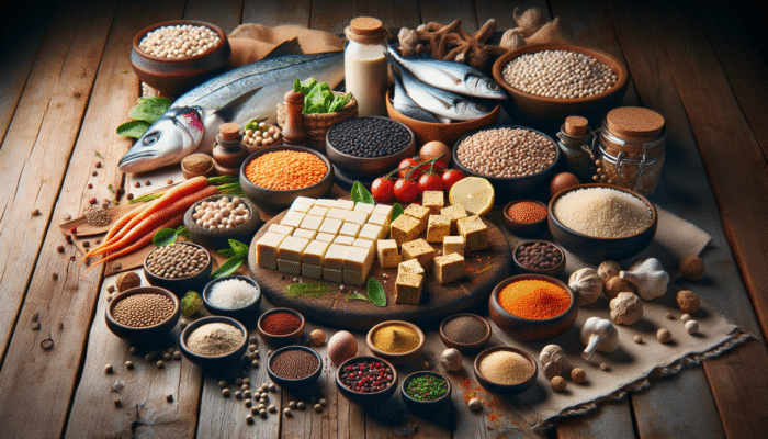 A vibrant assortment of tofu, lentils, quinoa, and fish displayed on a rustic table, garnished with herbs and spices.