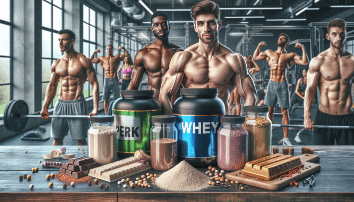A table featuring various protein supplements like whey, plant-based powders, and bars, set against a gym background.