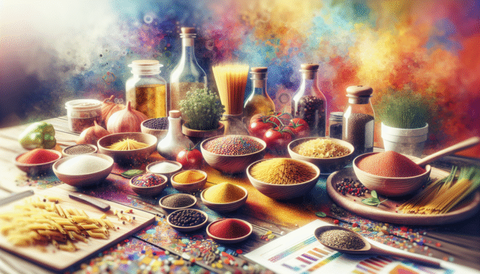 Colourful grains and pasta with spices and herbs in a vibrant kitchen, ready for creative cooking.