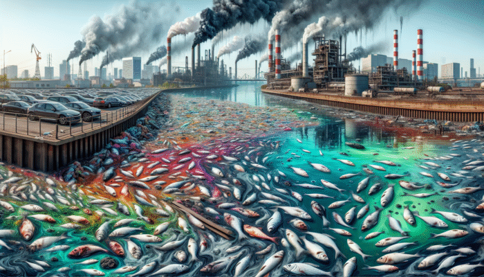 A polluted urban river with toxic colours, dead fish, factories, and city skyline, demonstrating the impact of industrial pollution.