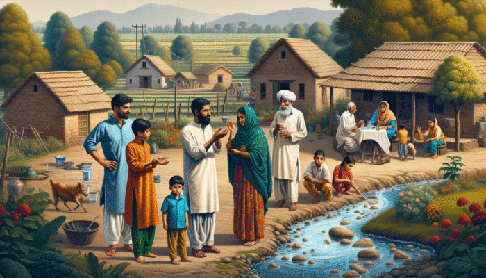 A family in a rural village facing health issues due to contaminated water.