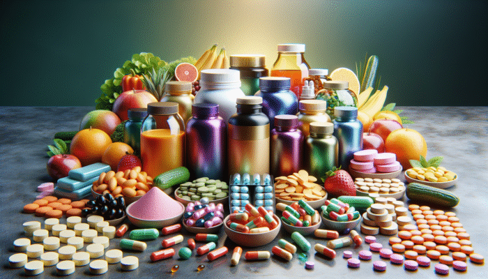 A vibrant display of dietary supplements on a table, complemented by fruits and vegetables.