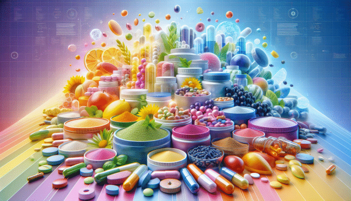 A vibrant assortment of dietary supplements in capsules, tablets, and powders set against a lively background.