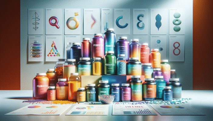 A variety of specialty supplement bottles, including probiotics, omega-3, and protein powders, set against a health-oriented backdrop.