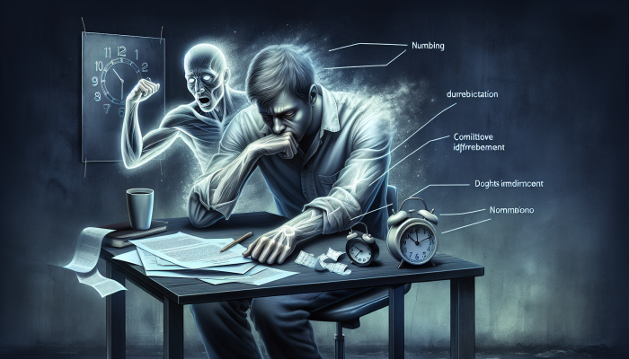 Vitamin B12 Blood Test in Irvine: Individual displaying symptoms of vitamin B12 deficiency at a desk, surrounded by paperwork, with a clock indicating late hours.