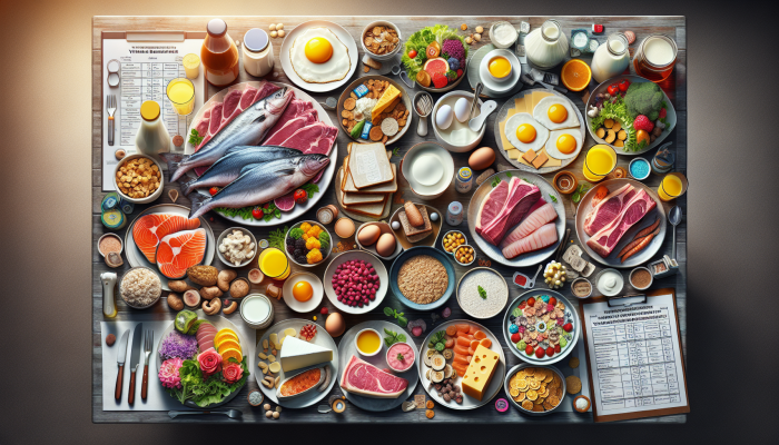 A table filled with B12-rich foods including meat, fish, eggs, dairy, and fortified cereals and plant-based milks.