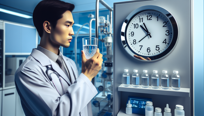 Individual holding water, looking at clock, with medical lab background, illustrating the fasting process for vitamin B12 test.