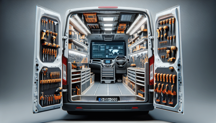 Tool Storage Ideas for Clearance Teams: Modern van interior with custom shelving, neatly organising tools for optimal space and accessibility.