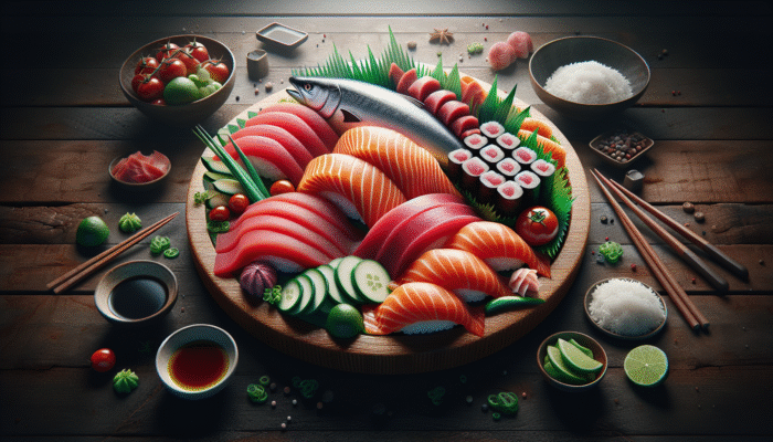 A vibrant sushi platter featuring fresh tuna, salmon, vegetables, and rice sourced from a reputable market.