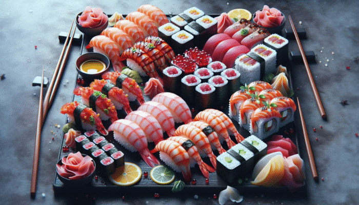 A sushi platter featuring diverse flavours including sweet shrimp nigiri, spicy tuna rolls, and tangy citrus sashimi.
