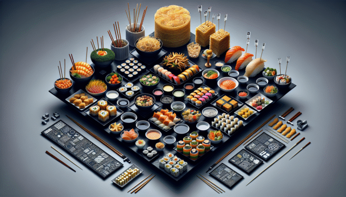 A layered sushi platter featuring tall and short pieces, enhanced by edible nests, stands, and garnished bowls at varying heights.