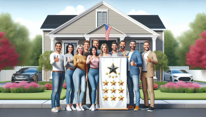 Satisfied homeowners giving thumbs-up in front of their residence, showcasing a banner with top-rated home service logo and reviews.