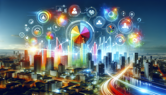 A colourful Bing business profile with graphs showing increased traffic and trust, set against a bustling cityscape.