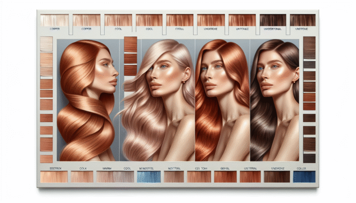 Palette of hair colours from copper to ash blonde next to skin swatches showing warm, cool, and neutral undertones.