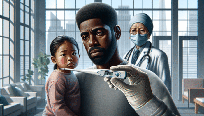 Digital thermometer providing quick reading, parent checking child's temperature, doctor in background, modern home.