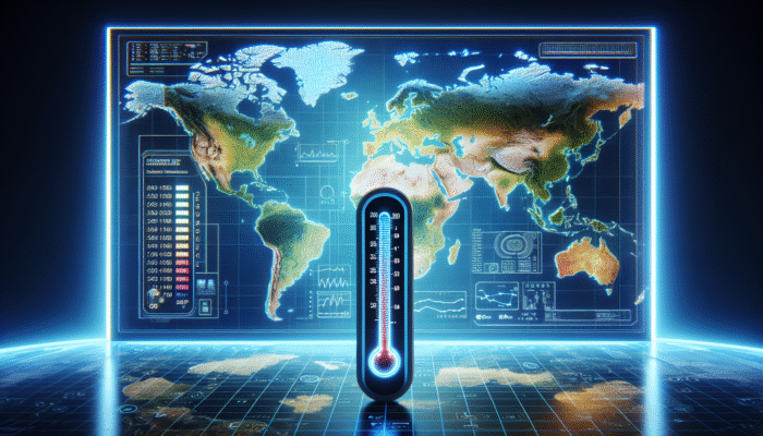 Digital thermometer on global map, illustrating consistent readings across climates for standardised healthcare monitoring.