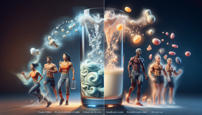 Image illustrating the rapid dissolution of whey protein and the slow release of casein protein overnight, with symbols of athletes and recovery.