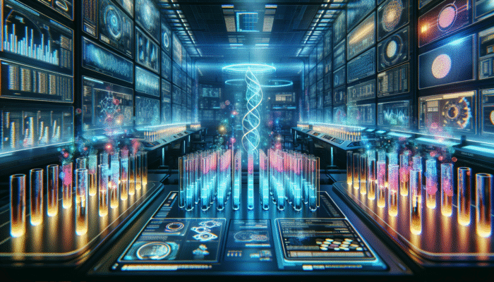 A modern laboratory featuring glowing test tubes and digital displays showcasing protein absorption data.