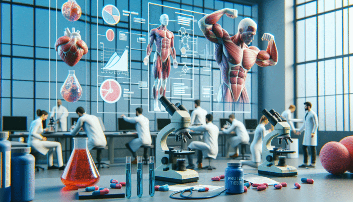 Researchers analysing muscle tissue samples under microscopes, with charts and protein supplements nearby.