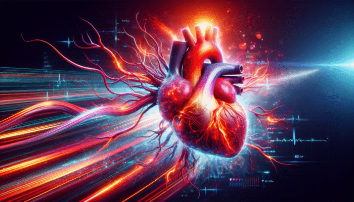 Supporting Heart Health with Supplements: A vibrant heart with flowing blood vessels, illustrating heart rate and cholesterol levels.