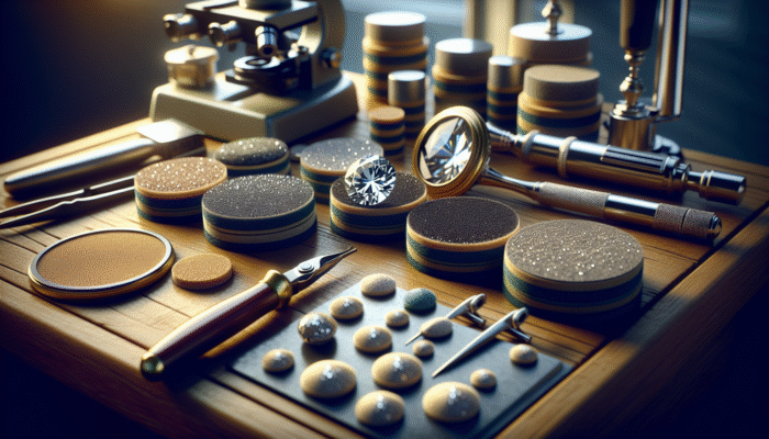 A variety of diamond polishing pads of different grits displayed on a workbench alongside a loupe and diamond in a workshop.