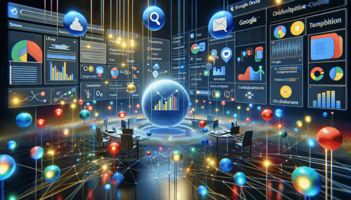 An engaging digital workspace showcasing real-time collaboration on Google Docs, Sheets, and Meet with colourful graphs and chat bubbles.