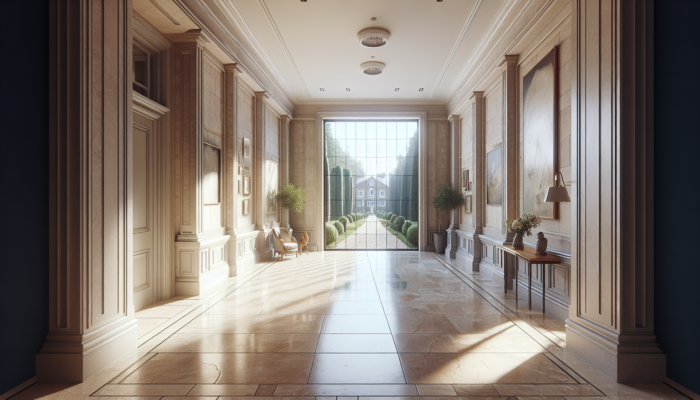 Sturdy travertine tiles in an elegant UK home hallway, showcasing natural stone texture and lasting beauty.