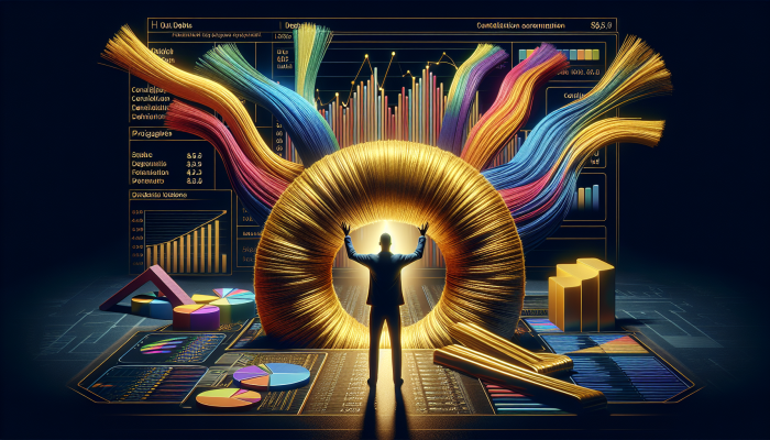 Debt Consolidation And Self-Esteem Recovery: A Guide to Financial Wellness | DCL Debt Consolidation And Self-Esteem Recovery: A person consolidates debts into one loan, symbolized by merging colourful threads into a golden thread, with financial charts.