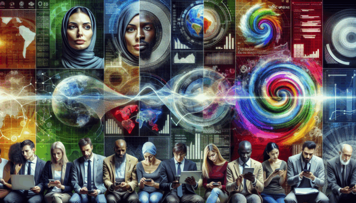 How to Optimise for International SEO: A diverse group using digital devices with content in multiple languages, analytics graphs showing traffic and engagement.