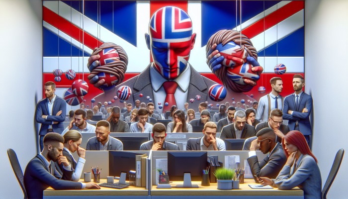 Diverse UK office workers displaying signs of stress and anxiety in a modern workplace, highlighting the importance of mental health support.