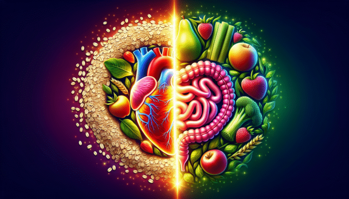 Image illustrating soluble fiber from oats and fruits supporting heart health, and insoluble fiber from vegetables aiding digestive health.