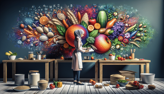A nutritionist carefully planning vibrant high-fiber meals featuring whole grains, fruits, and vegetables.