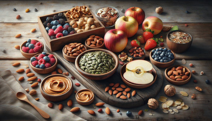 A vibrant assortment of healthy snacks including nuts, seeds, and fruit-based treats on a rustic wooden table.
