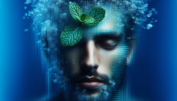 Mint for Headache Relief: A serene person with a mint leaf on their forehead, surrounded by blue and green hues, symbolising headache relief.