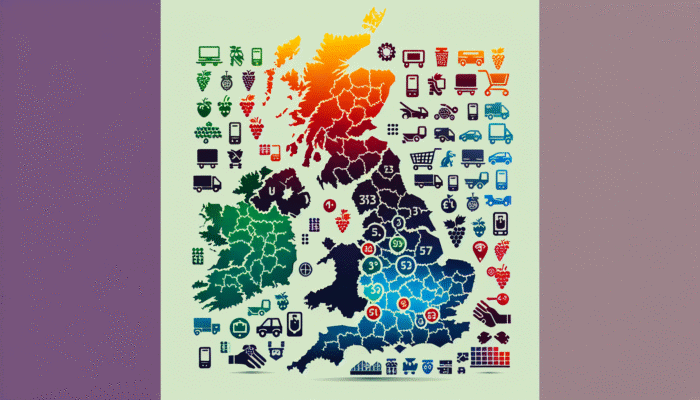 A detailed UK map showing regional pricing variations with colour gradients and product category icons.