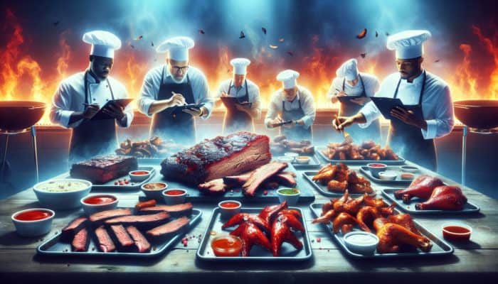 Judges assessing beef brisket, pork ribs, and marinated chicken at a BBQ competition.