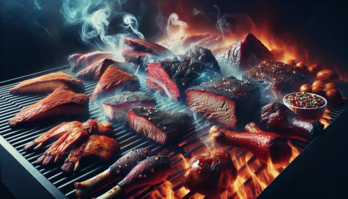 BBQ meats on the grill, generously coated in flavourful rubs and marinades, surrounded by swirling smoke.