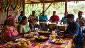 A lively gathering with a table filled with various Garifuna foods and drinks while musicians in vibrant attire play drums and guitars, showcasing the spirited essence of Garifuna culture.