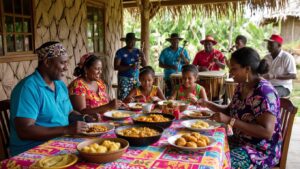 A family gathers around a colourful table outdoors in Belize, enjoying Garifuna cuisine together. In the background, musicians perform under a thatched roof, reflecting the vibrant Garifuna culture. Everyone appears relaxed and joyful.