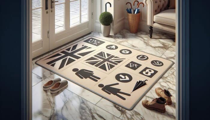 Marble floor with mats at entrances, effectively reducing scratches and stains, in a UK home.