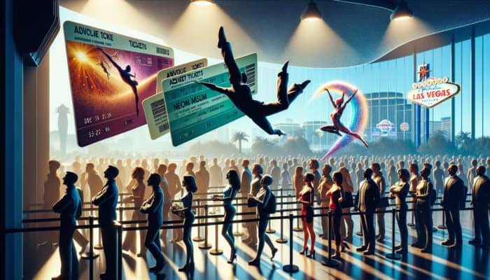 Tourists in Las Vegas using advance tickets to bypass long lines at Cirque du Soleil and Neon Museum.