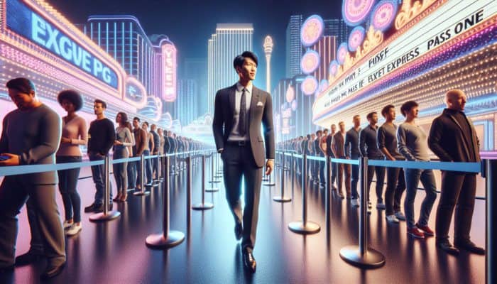 Person using express pass to bypass queue at Las Vegas attraction with neon lights.