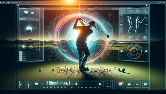 Golf swing analysis software interface featuring slow-motion playback, drawing tools, and side-by-side comparison capabilities.