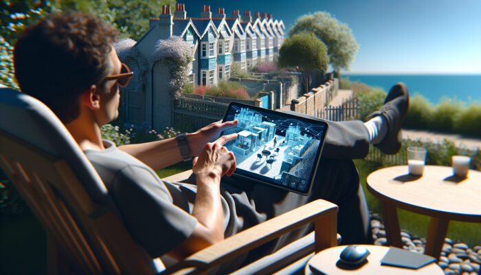 Individual in a Brighton garden using a tablet to manage the decluttering of a London flat via video call.